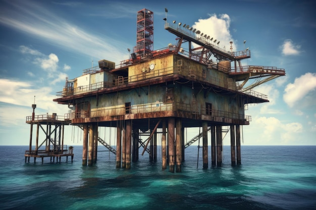 An old and rusted oil refinery sits in the middle of the sea