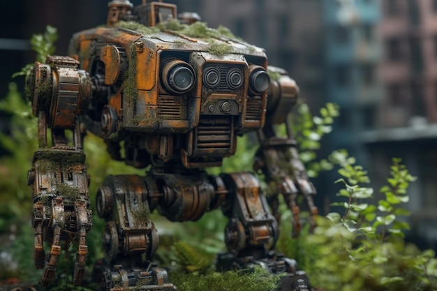 An old rusted robot covered in moss