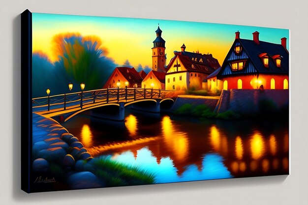 Old rustic quaint european village town on a river with a bridge