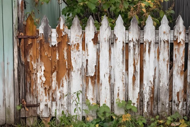 Old rustic wooden fence with peeling paint and rusty nails