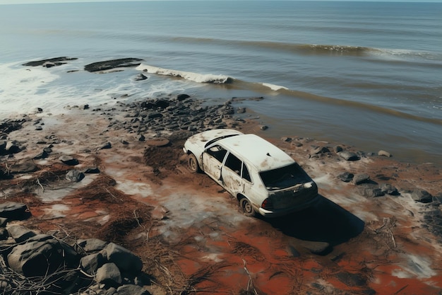Old rusty abonded car on the sands of the seashore aerial view