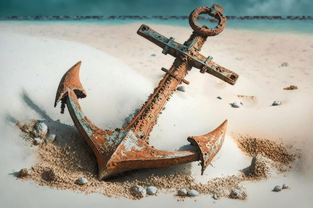 Old and rusty anchor of a pirate ship on the beach of an island sea in the background Generative A