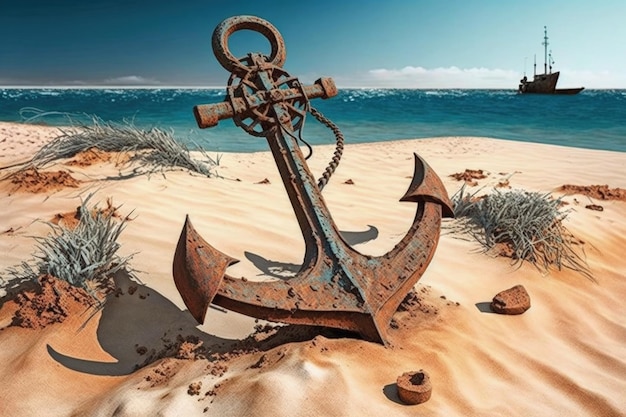 Old and rusty anchor of a pirate ship on the beach of an island sea in the background Generative A