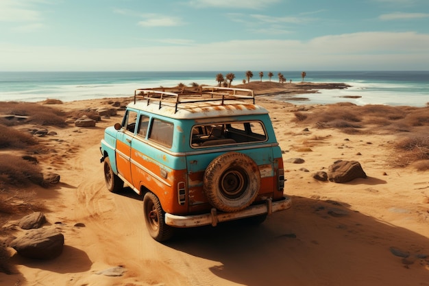 Photo old rusty blue suv car on the sands of the seashore rear view