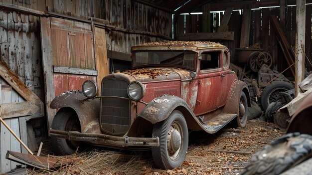 写真 古い生<unk>した車が納屋に捨てられた 車は塵とクモの巣で覆われています 納屋は木製で,大きなドアがあります