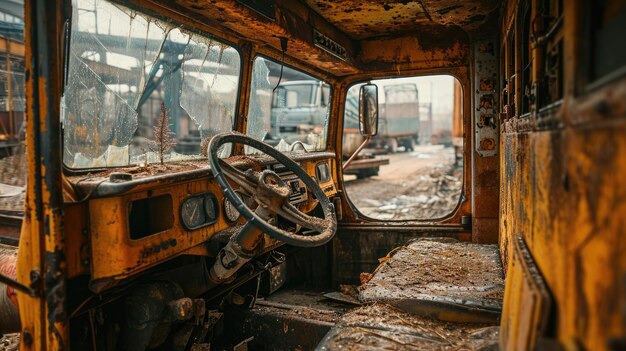 写真 廃車駅の古い生<unk>な車のキャビン