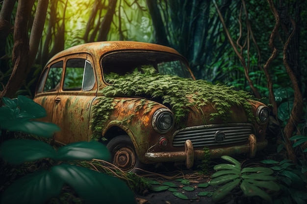 Old rusty car in the jungle Generative AI