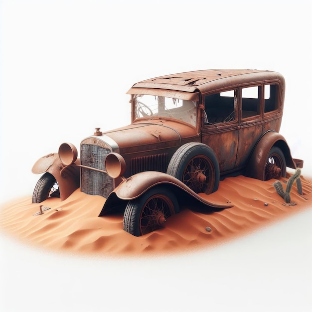 An old rusty car stuck in the sand