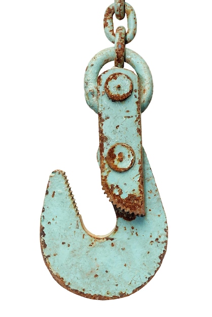 Old rusty construction crane hook and chain