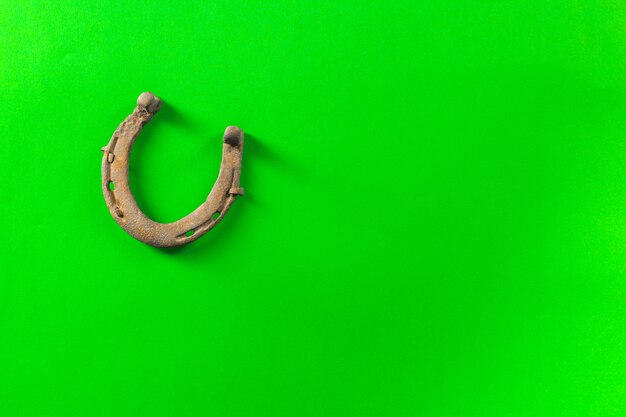 Old rusty horseshoe on green