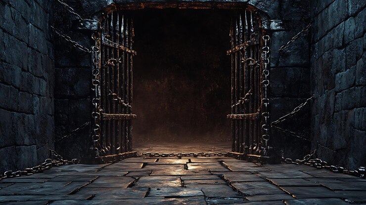 Photo an old rusty iron gate with chains is open in a dark brick tunnel