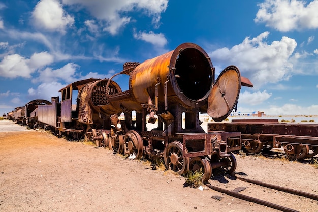 Old rusty locomotive abandoned in the train cemetery of uyuni bolivia