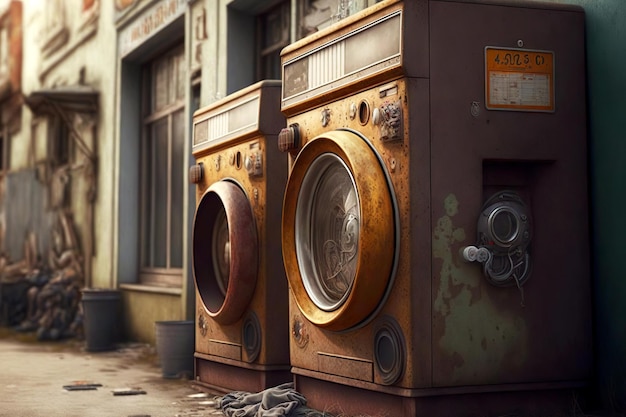 ランドリー ルームの通りに古いさびた洗濯機