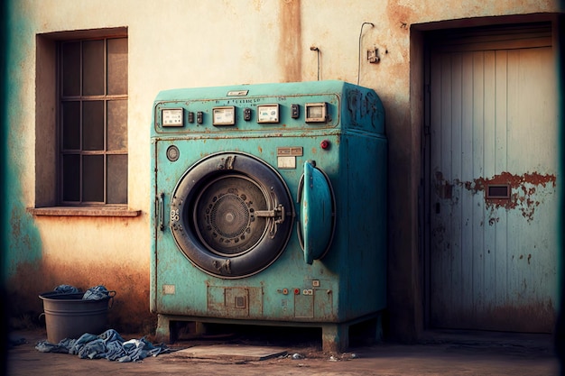 Old rusty machine washing on street in laundry room