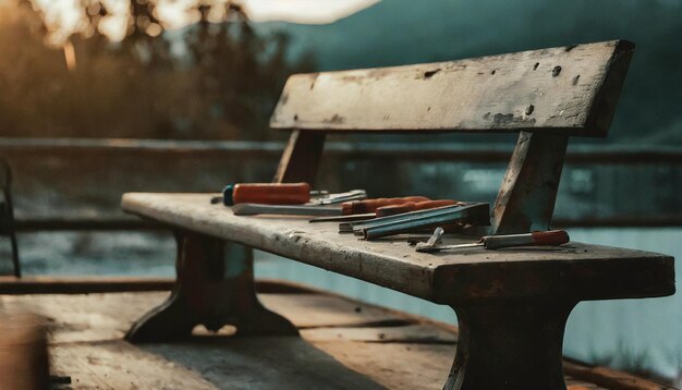 Old rusty metal bench with tools and instruments on it Selective focus
