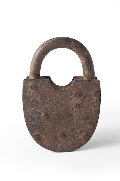 Old rusty metal lock on a white background