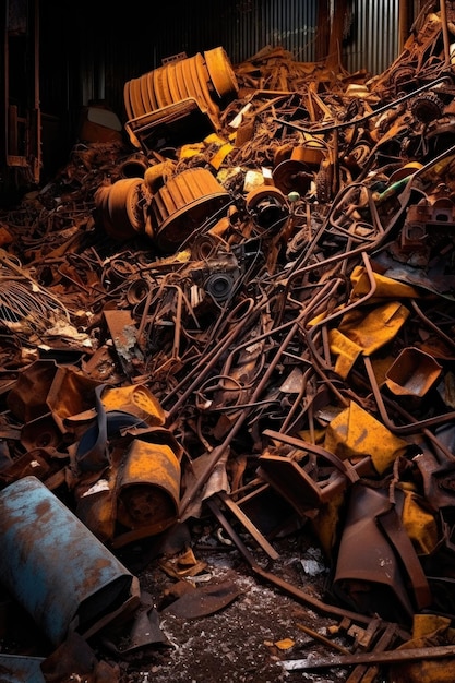 Old rusty metal scrap in a recycling facility created with generative ai