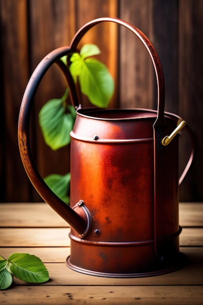 Old rusty metal watering can on wooden background