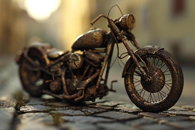 Old rusty motorcycle on the cobblestone pavement in the evening