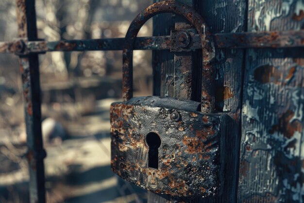 Photo old rusty padlock on the gate