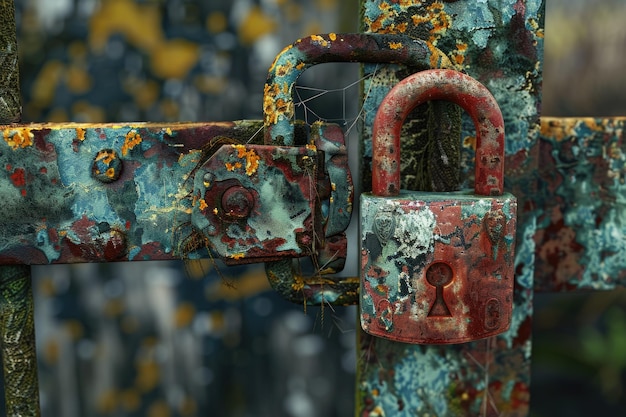 Photo old rusty padlock on the gate