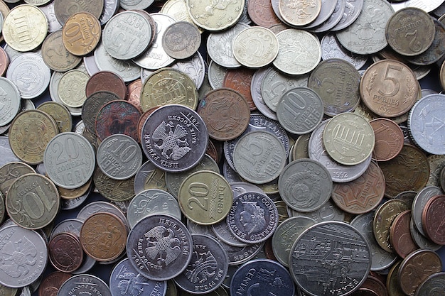 Old and rusty Russian coins Scattered coins in fullframe background