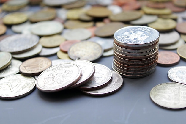 Old and rusty Russian coins Scattered coins in fullframe background