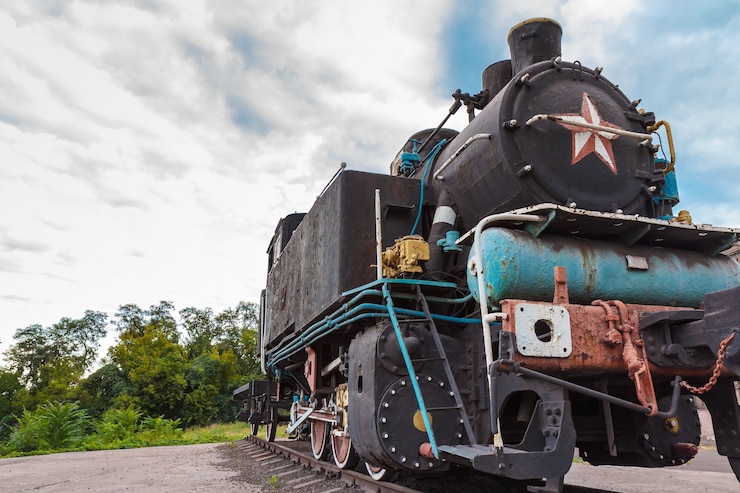 फोटो old rusty steam locomotive standing on the rails