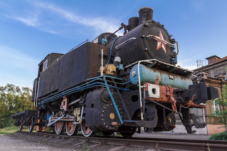 फोटो old rusty steam locomotive standing on the rails