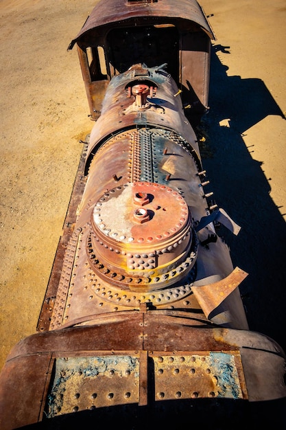 Old rusty steam locomotives near uyuni in bolivia cemetery trains