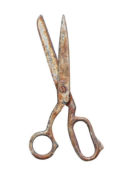 Old rusty tailor scissors isolated on white