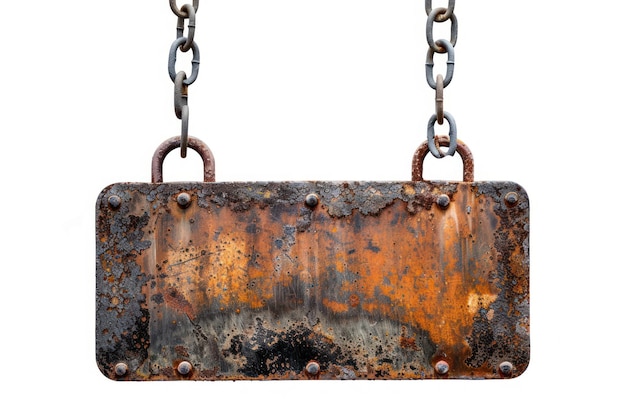 Photo old rusty tin sign hanging on a chain isolated on white background