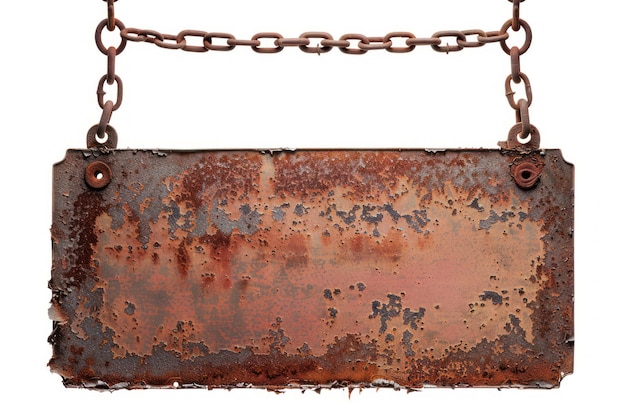 Photo old rusty tin sign hanging on a chain isolated on white background
