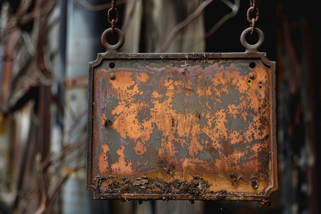 Old rusty tin sign hanging on a chain