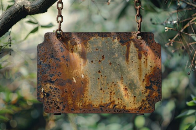 Photo old rusty tin sign hanging on a chain