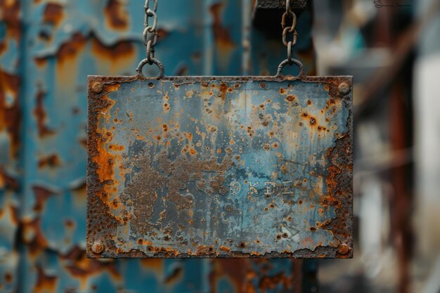 Photo old rusty tin sign hanging on a chain