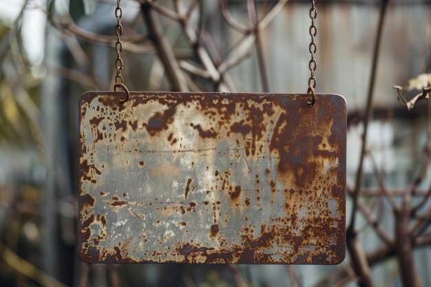 Photo old rusty tin sign hanging on a chain