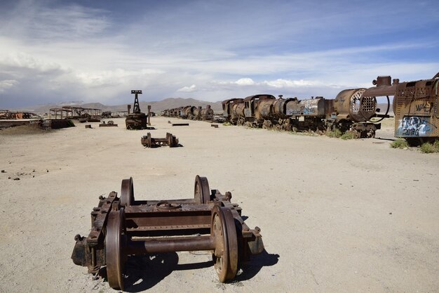 Old rusty trains at the antique train cemetery close to the\
salt flats of uyuni bolivia