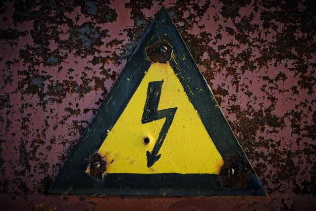 Photo old rusty warning about danger and high voltage in form lightning yellow background