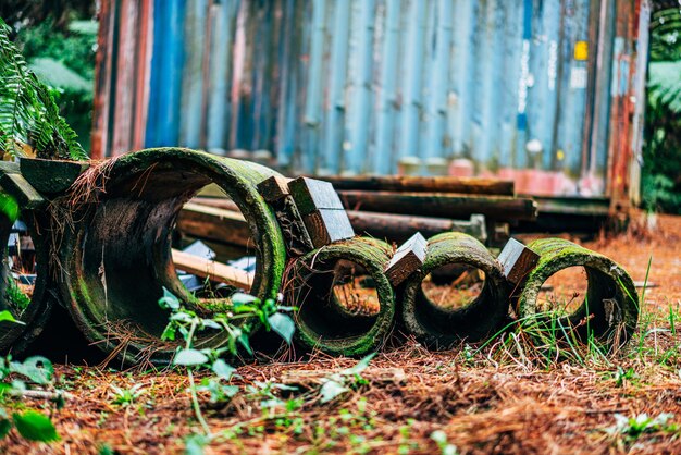 Старое ржавое колесо на поле