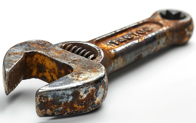 Old Rusty Wrench on White Background Vintage Tool for Repairs and Maintenance