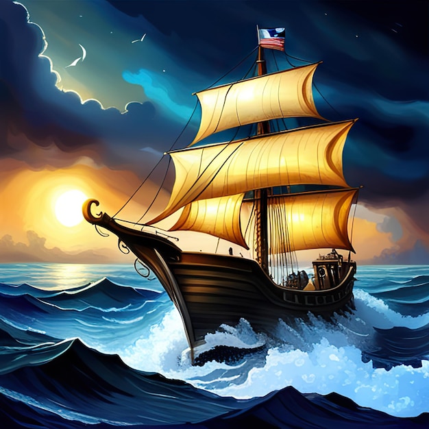 Old sail ship braving the waves of a wild stormy sea at night