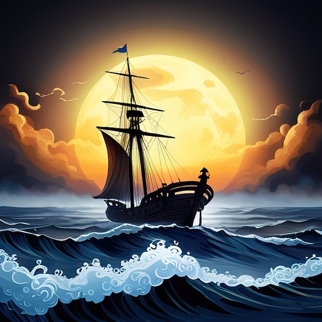 Old sail ship braving the waves of a wild stormy sea at night