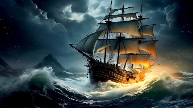 Old sail ship braving the waves of a wild stormy sea at night