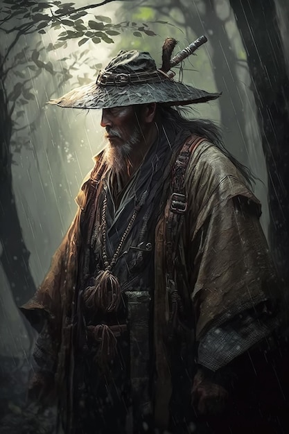 Старый воин-самурай в традиционных японских доспехах в лесу под дождем Генеративная иллюстрация AI