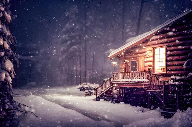 old scandinavian style wooden cabin in the snow forest, Christmas theme.