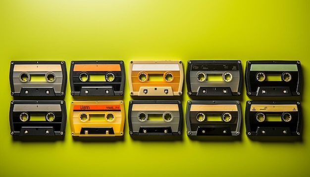 old school cassette tapes in a row on lime green background