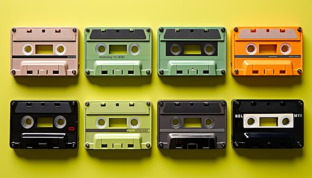 old school cassette tapes in a row on lime green background
