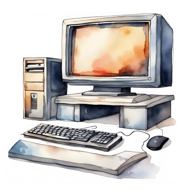 Foto vecchio computer scolastico in classe di informatica acquerello dipinto a mano illustrazione isolata