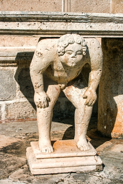 Old sculptures in church Our Lady of the Rocks at small islet in bay of Kotor